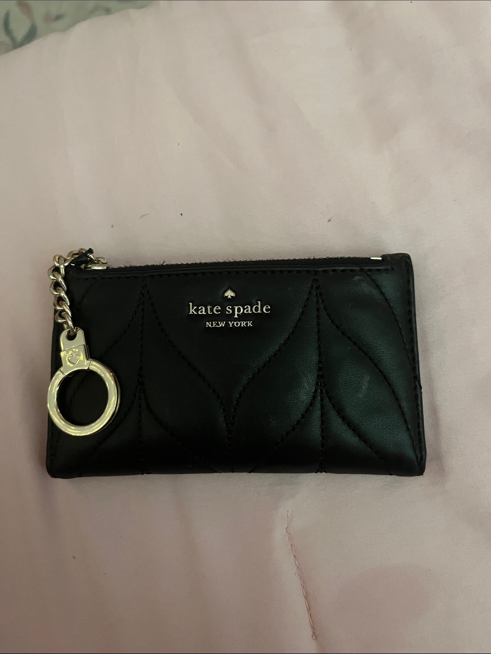 kate spade Black Quilted Leather Key & Card Holder with Gold Ring